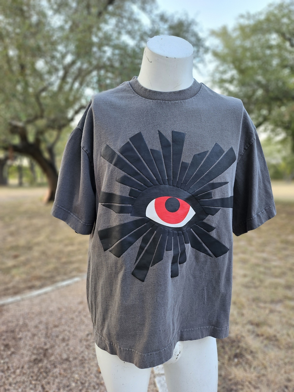 House of Errors Thick Grey T-shirt featuring a prominent black and red Eye M
